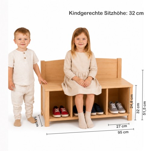 Kinder Sitzbank mit 3 Fächern im Größenvergleich mit Kindern – Maße und Sitzhöhe sichtbar.